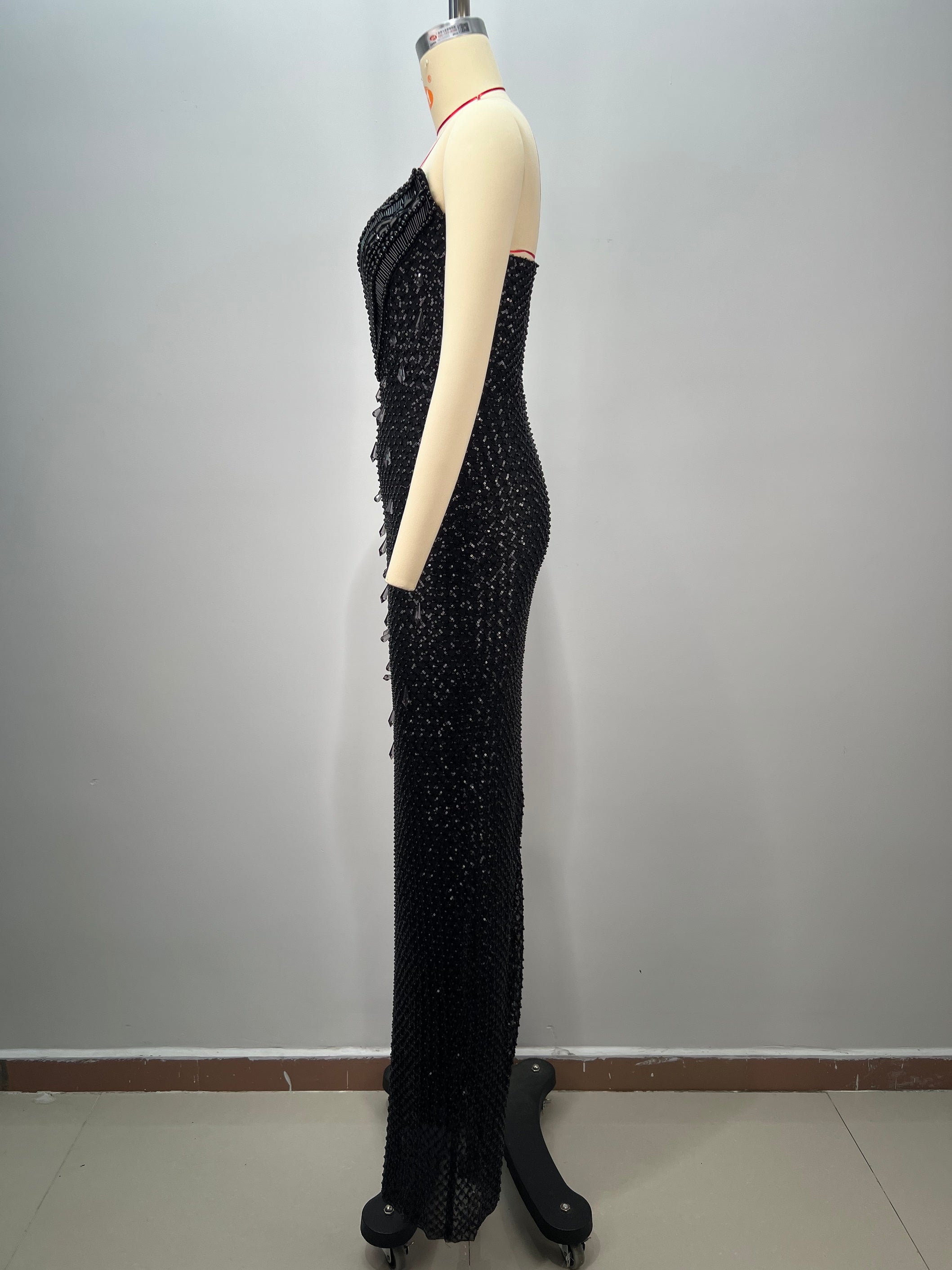 Black strapless evening gown - fully embellished textured fabric