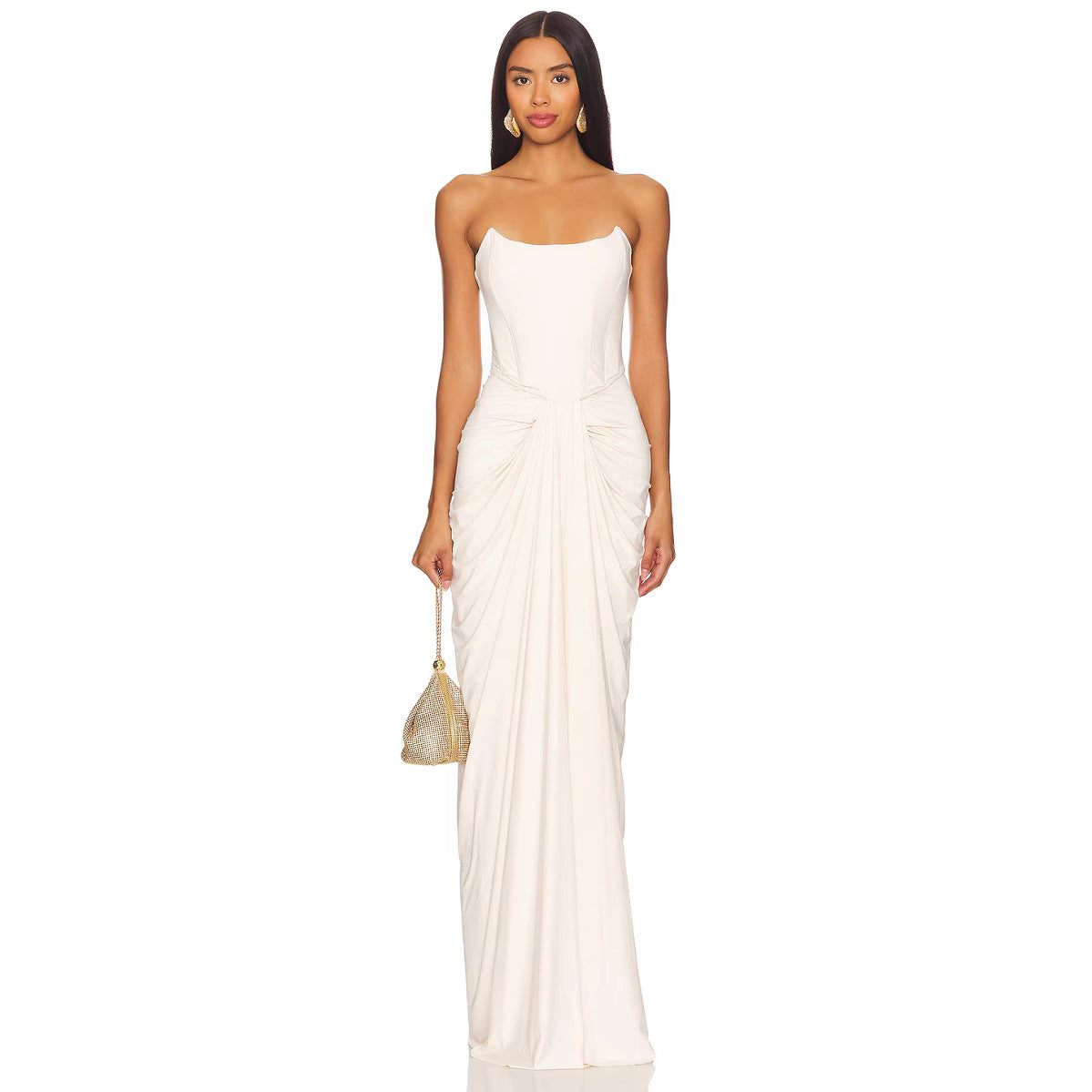 White full-length strapless dress