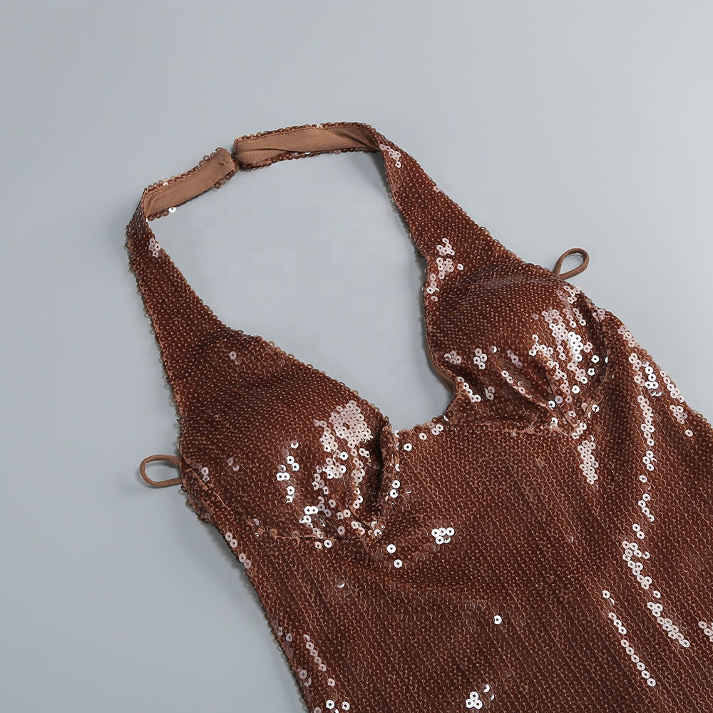 Brown Sequin Halter Backless Maxi Dress
