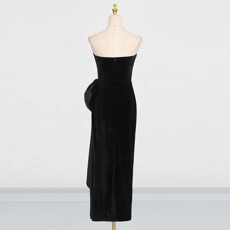 Black velvet off-shoulder irregular sleeveless evening dress