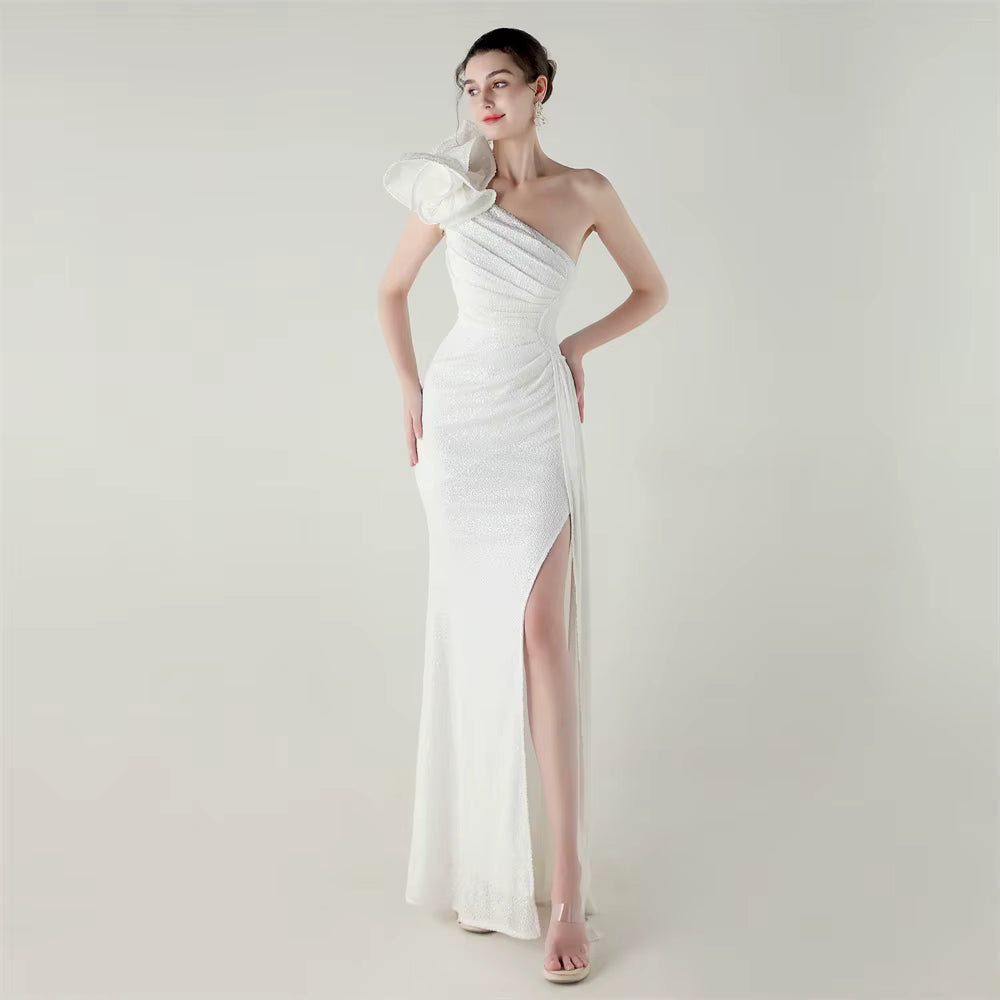 One-shoulder sequin evening gown in multiple shades