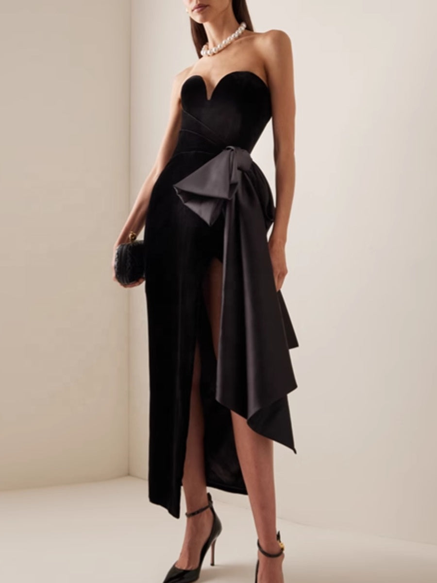 Black velvet off-shoulder irregular sleeveless evening dress