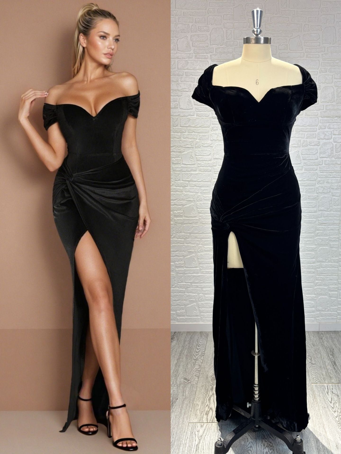 Off-shoulder velvet evening gown with sweetheart neckline & high Slit
