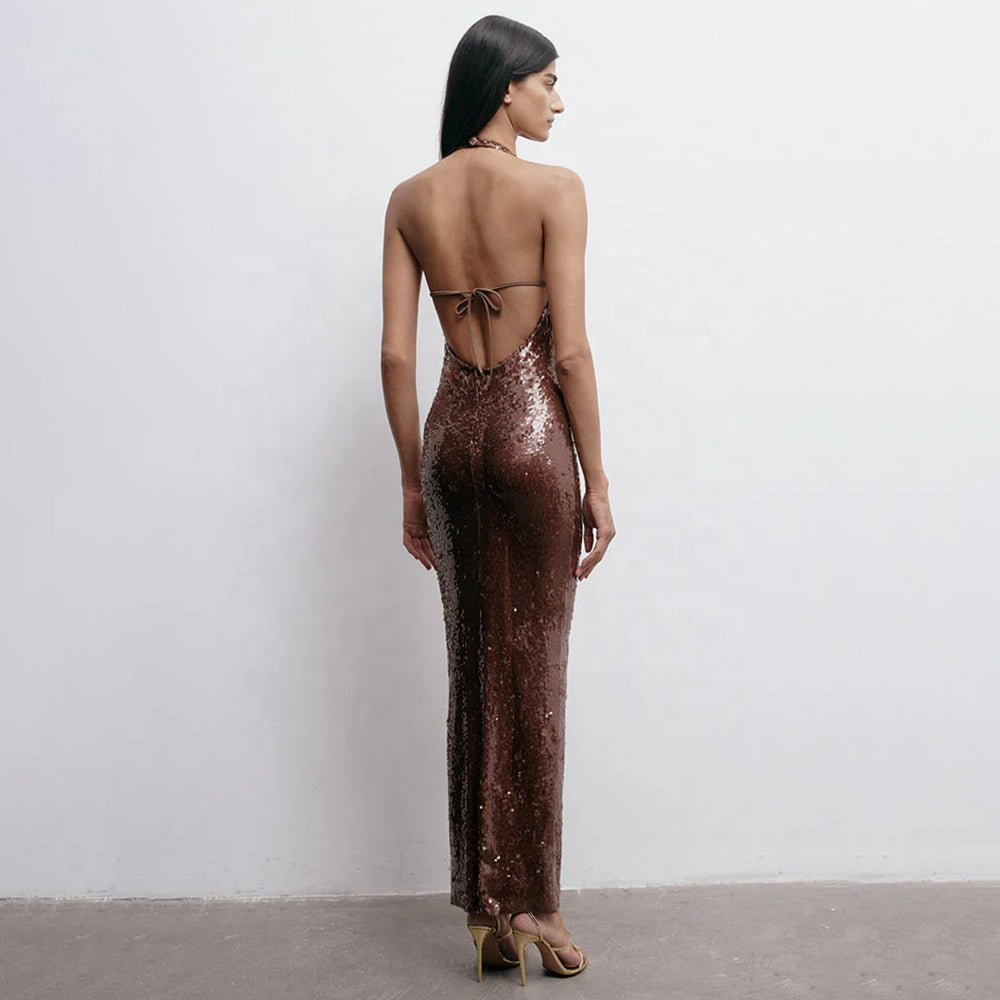 Brown Sequin Halter Backless Maxi Dress