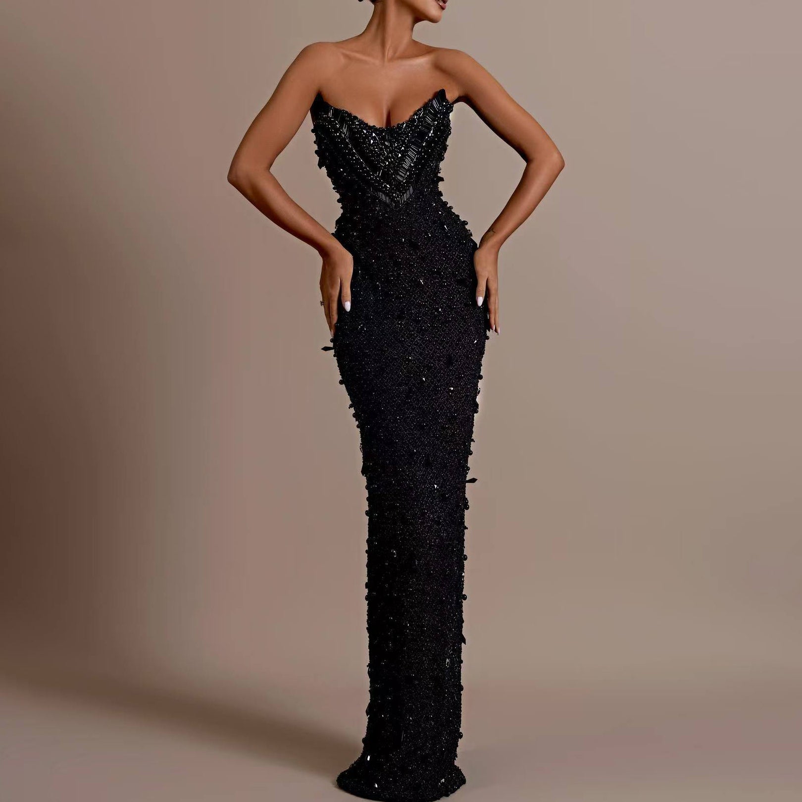 Black strapless evening gown - fully embellished textured fabric