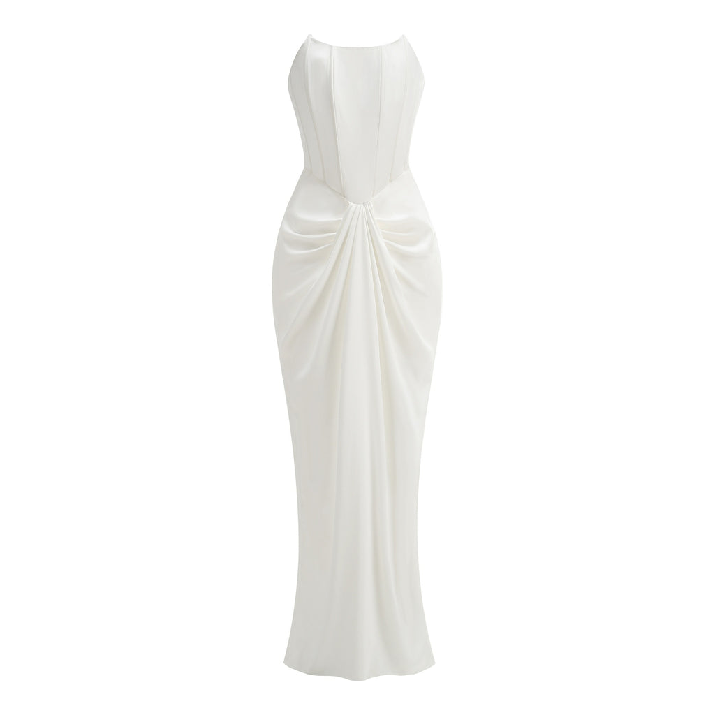 White Strapless Pleated Mermaid Evening Gown