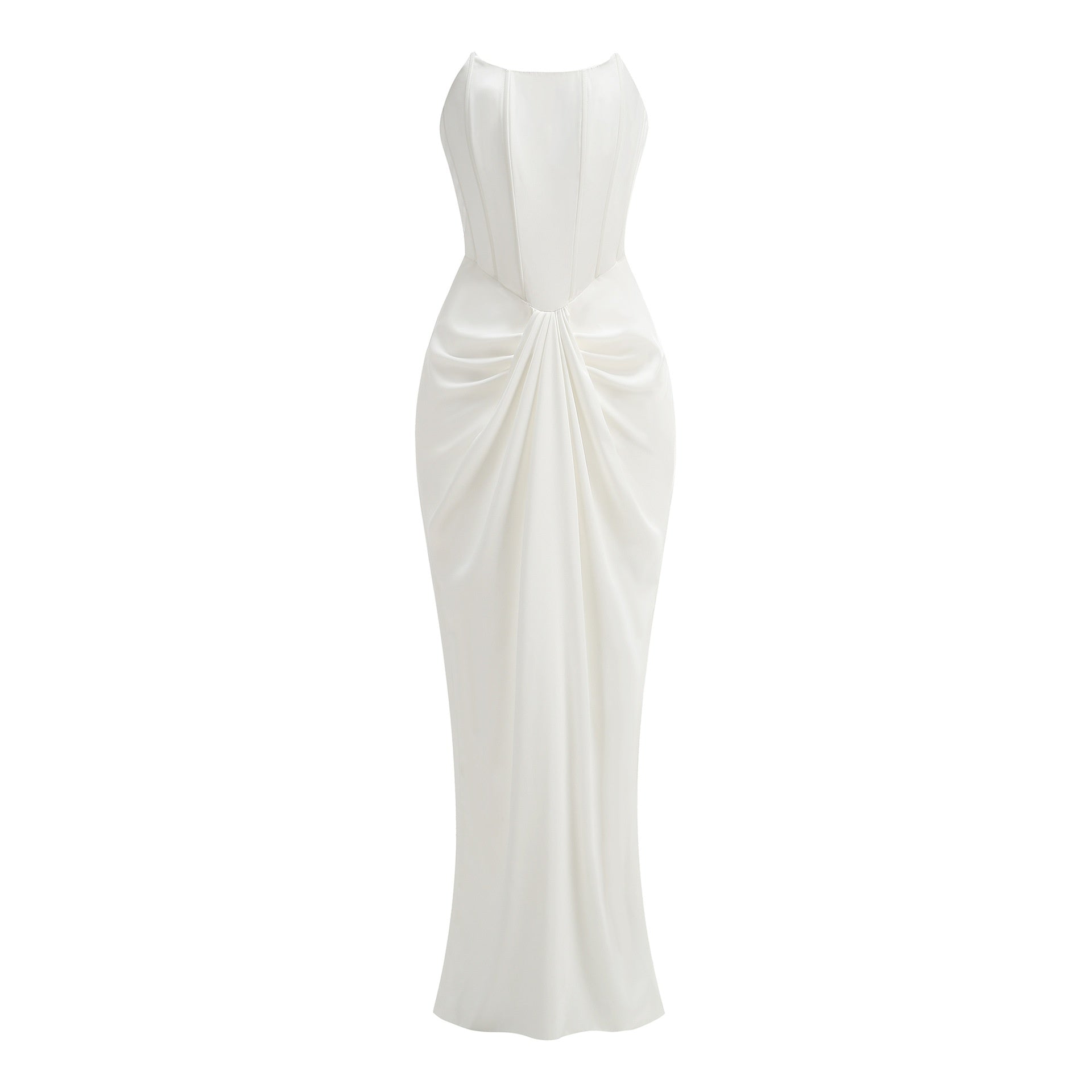 White Strapless Pleated Mermaid Evening Gown