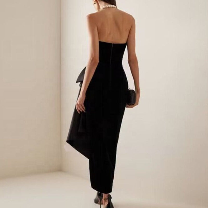 Black velvet off-shoulder irregular sleeveless evening dress