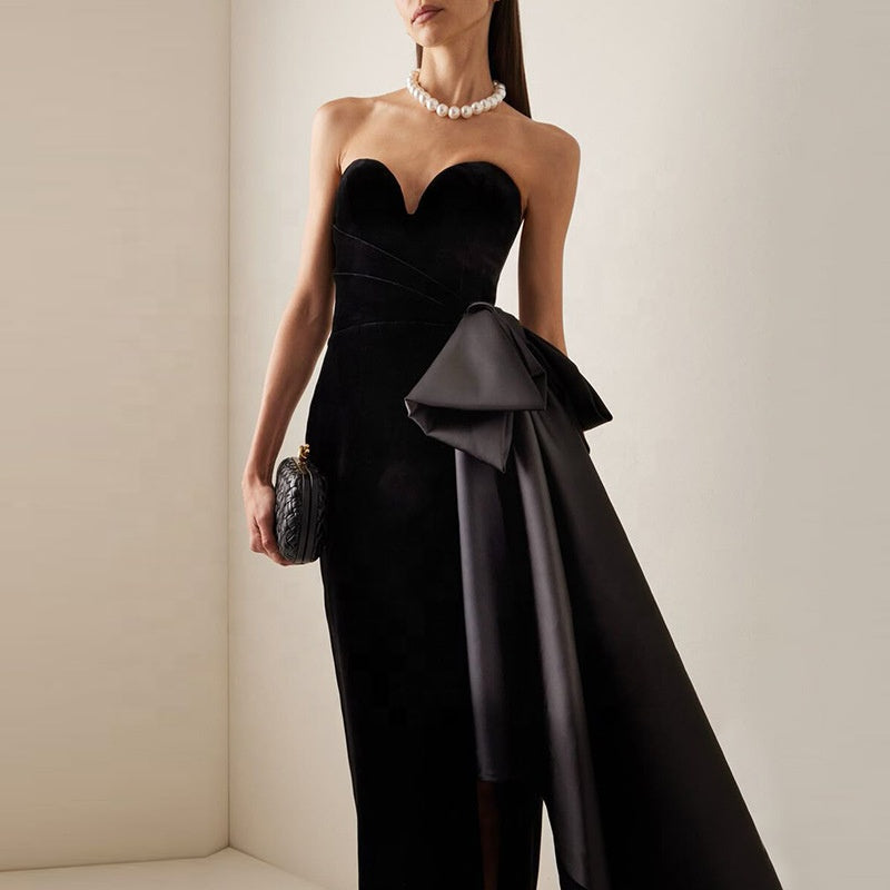Black velvet off-shoulder irregular sleeveless evening dress