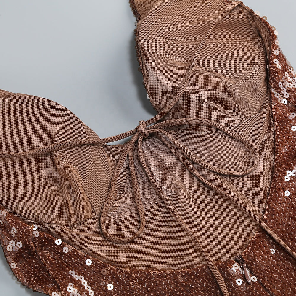 Brown Sequin Halter Backless Maxi Dress