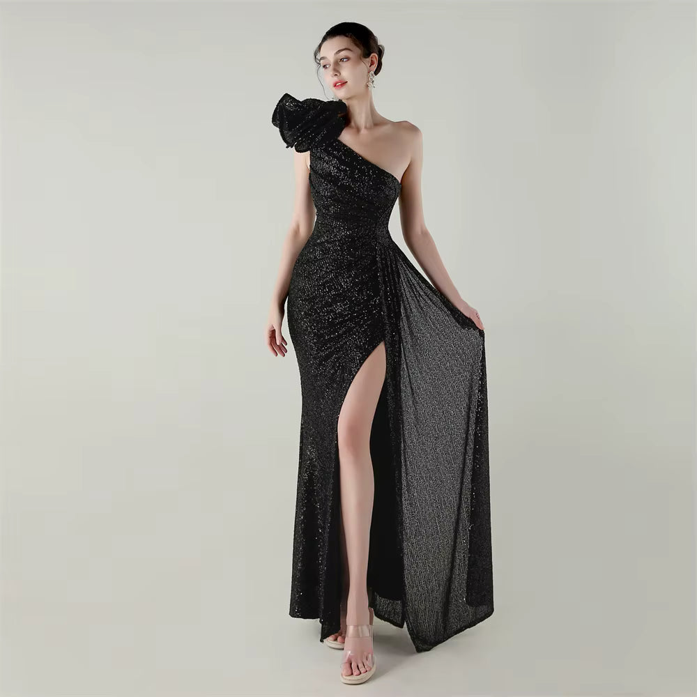 One-shoulder sequin evening gown in multiple shades